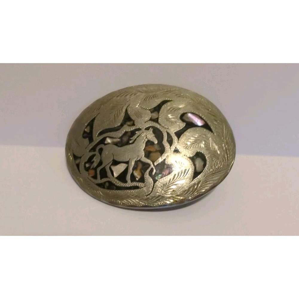 Vtg Mexico Western Horse Belt Buckle Handmade Silver Tone Inlaid Ablone Shell 3"